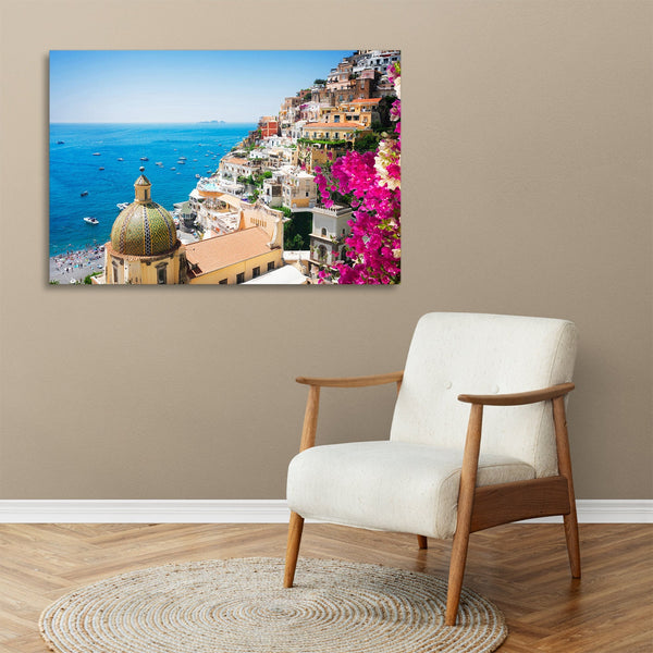 Quadro Stampa su Tela con Telaio in legno panorama costiera amalfitana