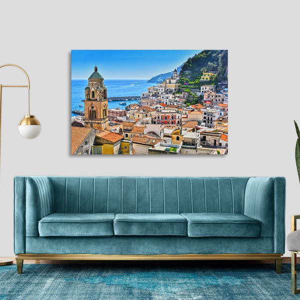 Quadro Stampa su Tela con Telaio in legno panorama costiera amalfitana