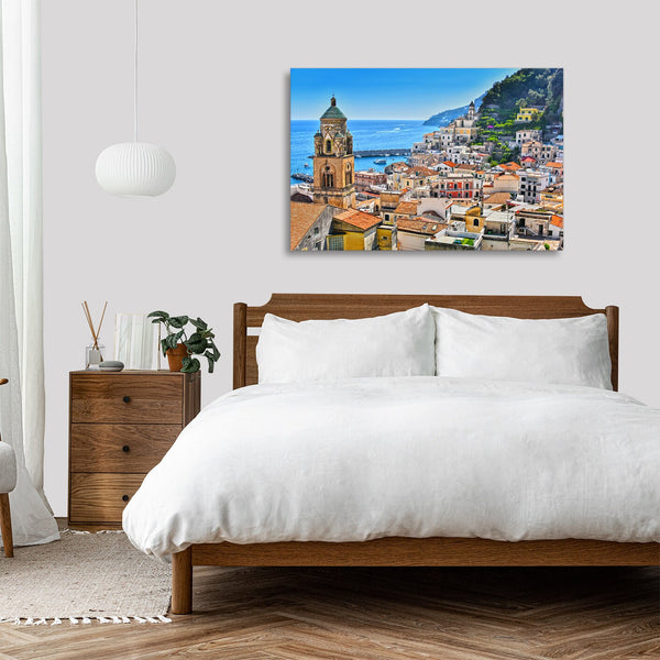 Quadro Stampa su Tela con Telaio in legno panorama costiera amalfitana