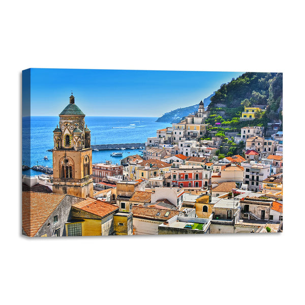 Quadro Stampa su Tela con Telaio in legno panorama costiera amalfitana