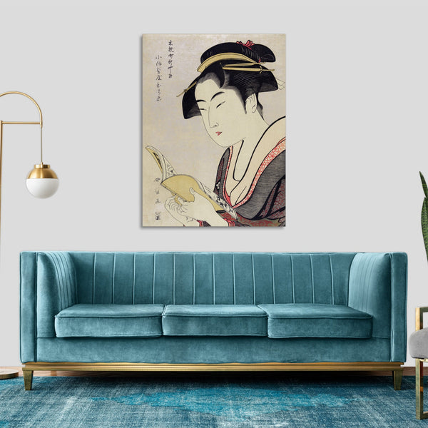Quadro Stampa su Tela con Telaio in Legno Utamaro Kitagawa - Kobikicho Arayashiki Koiseya Ochie