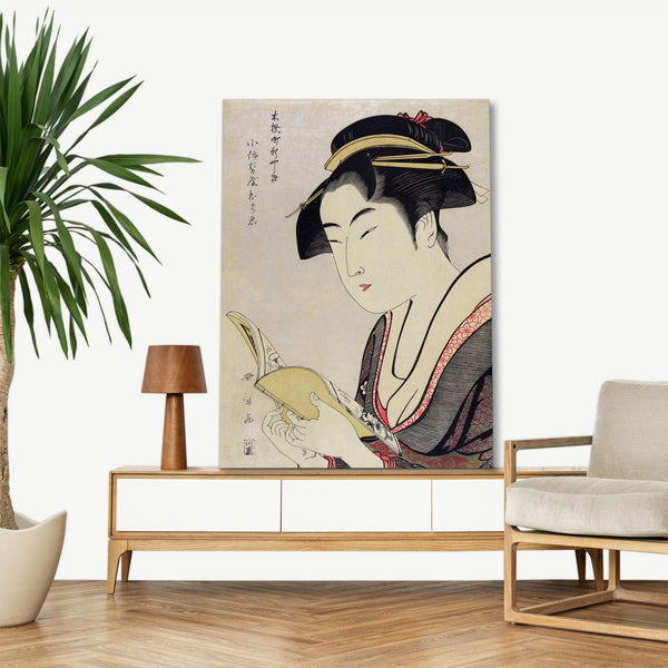 Quadro Stampa su Tela con Telaio in Legno Utamaro Kitagawa - Kobikicho Arayashiki Koiseya Ochie
