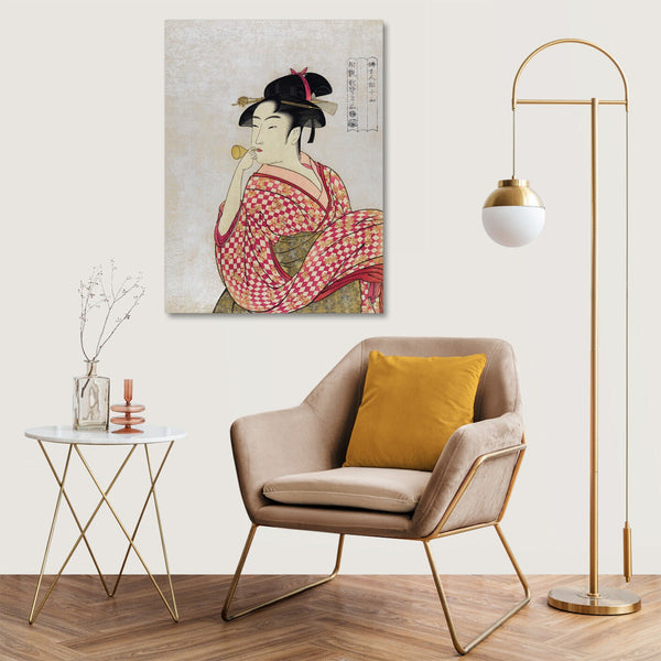 Quadro Stampa su Tela con Telaio in Legno Utamaro Kitagawa - Poppen o Fuku Musume