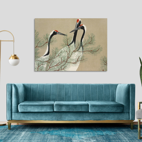 Quadro Stampa su Tela con Telaio in Legno Kamisaka Sekka - Cranes from Momoyogusa–Flowers of a Hundred Generations