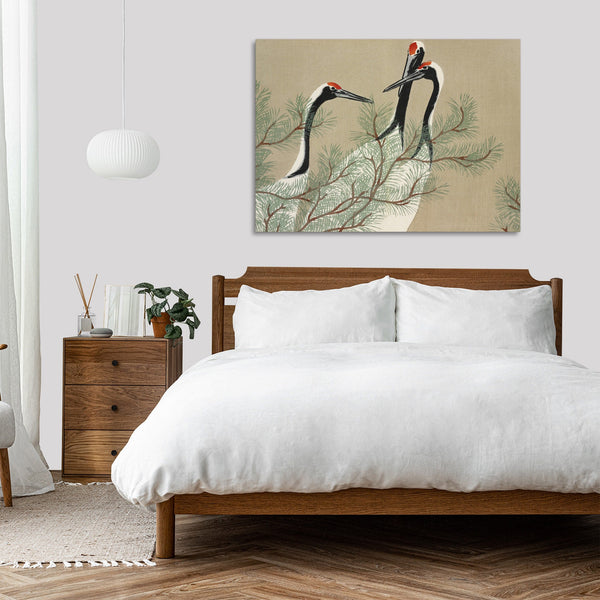 Quadro Stampa su Tela con Telaio in Legno Kamisaka Sekka - Cranes from Momoyogusa–Flowers of a Hundred Generations