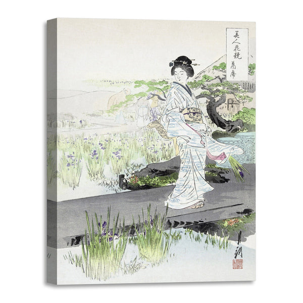 Quadro Stampa su Tela con Telaio in Legno Ogata Gekko - Iris Garden