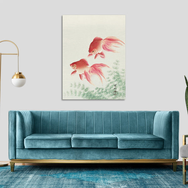 Quadro Stampa su Tela con Telaio in Legno Ohara Koson - Two veil goldfish