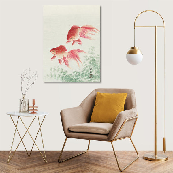 Quadro Stampa su Tela con Telaio in Legno Ohara Koson - Two veil goldfish