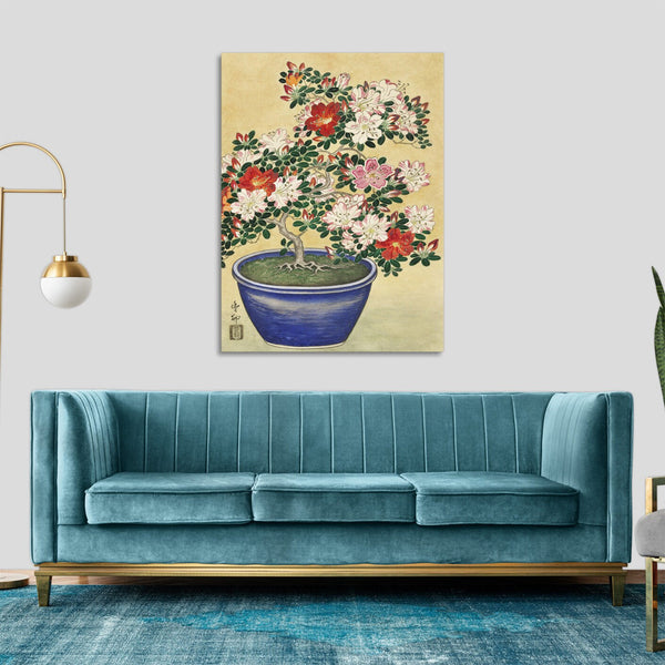 Quadro Stampa su Tela con Telaio in Legno Ogata Gekko - Blooming azalea in blue pot
