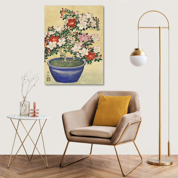 Quadro Stampa su Tela con Telaio in Legno Ogata Gekko - Blooming azalea in blue pot