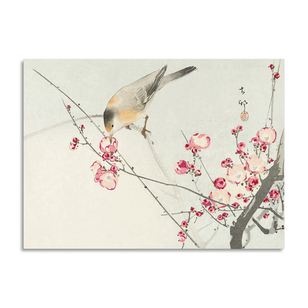 Quadro Stampa su Tela con Telaio in Legno Ohara Koson - Songbird on blossom branch