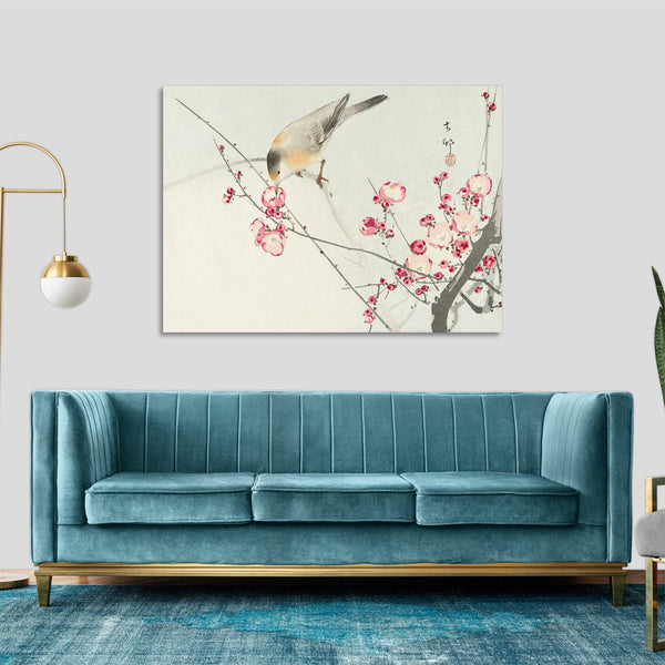 Quadro Stampa su Tela con Telaio in Legno Ohara Koson - Songbird on blossom branch