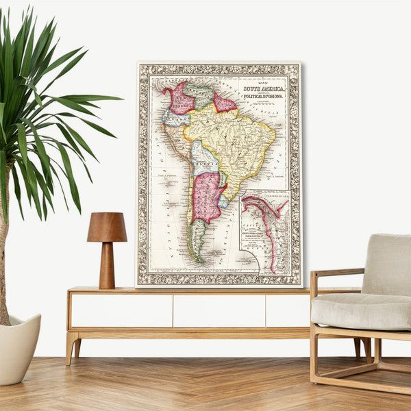 Quadro Stampa su Tela con Telaio in Legno Map of South America