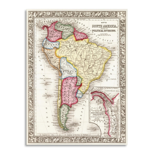 Quadro Stampa su Tela con Telaio in Legno Map of South America