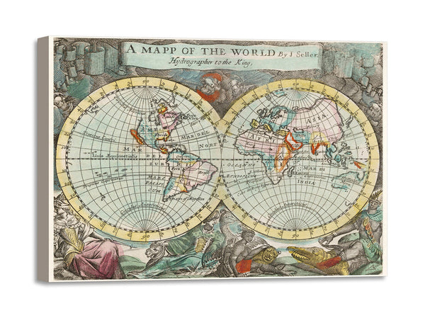 Quadro Stampa su Tela con Telaio in Legno John Playford - A mapp of the world