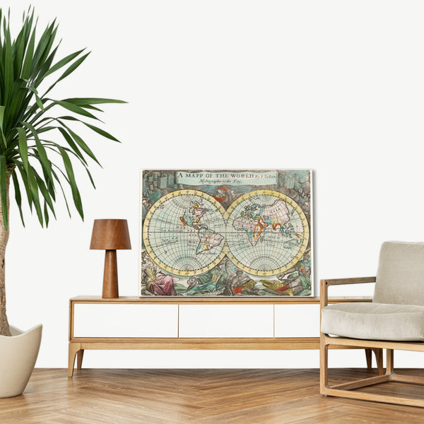 Quadro Stampa su Tela con Telaio in Legno John Playford - A mapp of the world