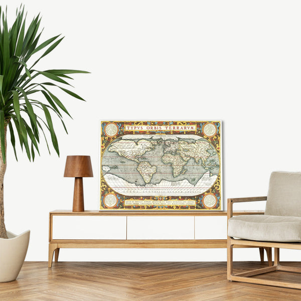 Quadro Stampa su Tela con Telaio in Legno Abraham Orteliu - Typus orbis terrarum