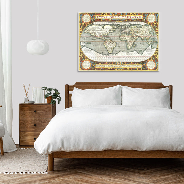 Quadro Stampa su Tela con Telaio in Legno Abraham Orteliu - Typus orbis terrarum