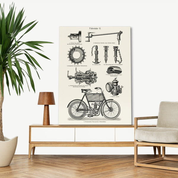 Quadro Stampa su Tela con Telaio in Legno Lithograph of different bicycle parts