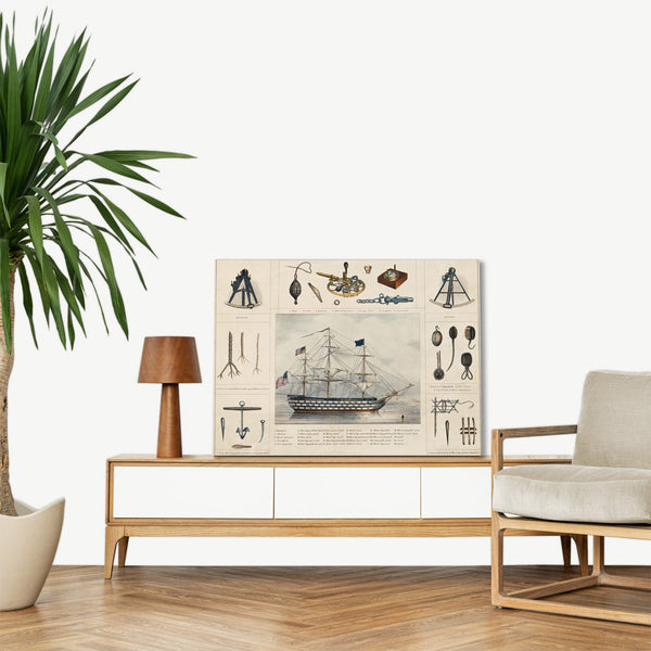Quadro Stampa su Tela con Telaio in Legno A lithograph illustration of a ship and interiors