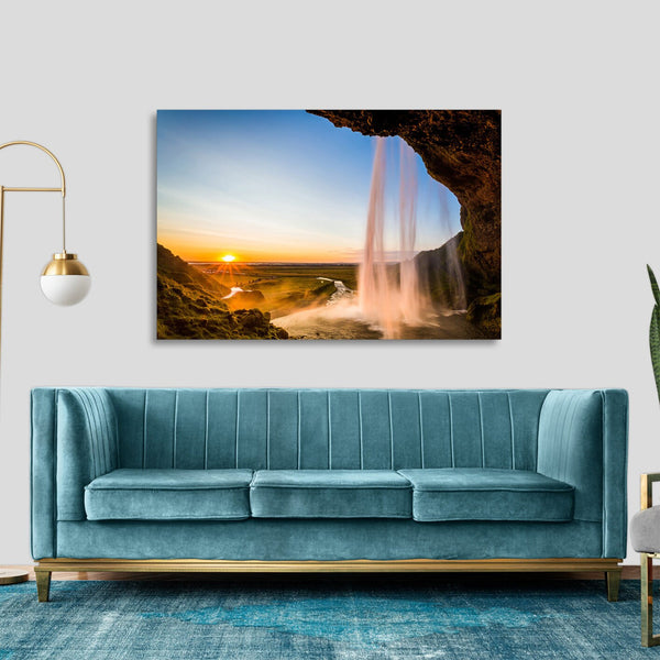 Quadro Stampa su Tela con Telaio in legno panorama cascate tramonto