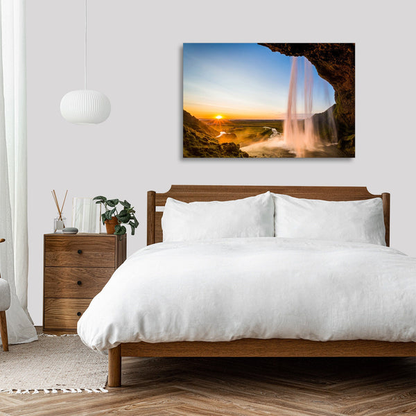 Quadro Stampa su Tela con Telaio in legno panorama cascate tramonto