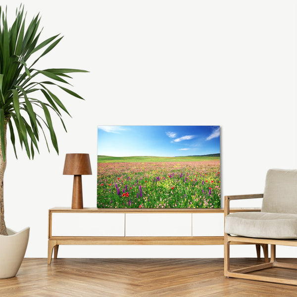 Quadro Stampa su Tela con Telaio in legno panorama campo fiorito