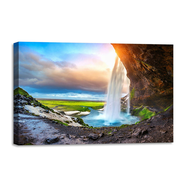 Quadro Stampa su Tela con Telaio in legno panorama cascate tramonto