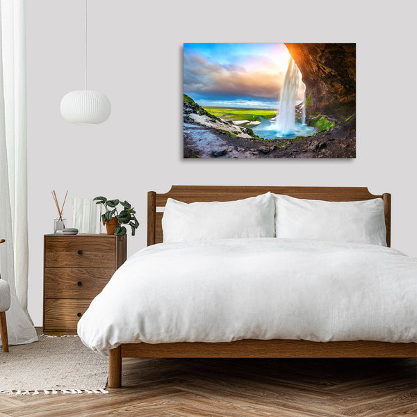 Quadro Stampa su Tela con Telaio in legno panorama cascate tramonto