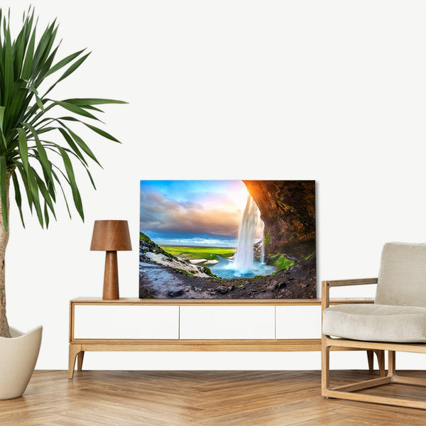 Quadro Stampa su Tela con Telaio in legno panorama cascate tramonto