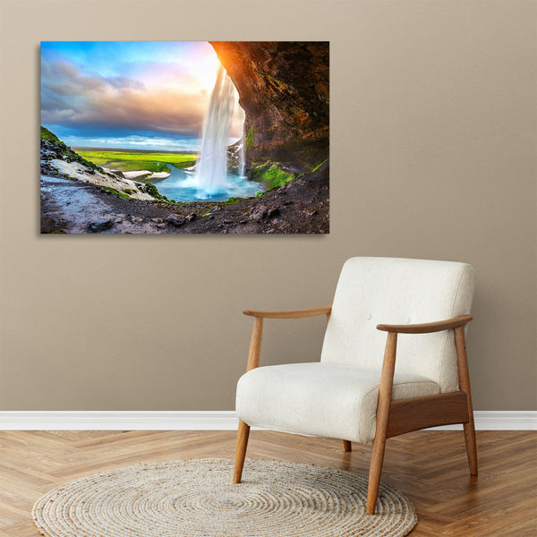 Quadro Stampa su Tela con Telaio in legno panorama cascate tramonto