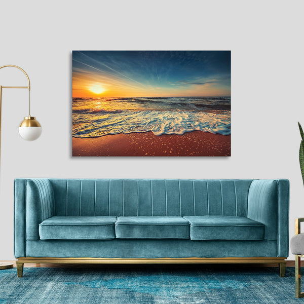 Quadro Stampa su Tela con Telaio in legno panorama tramonto spiaggia mare