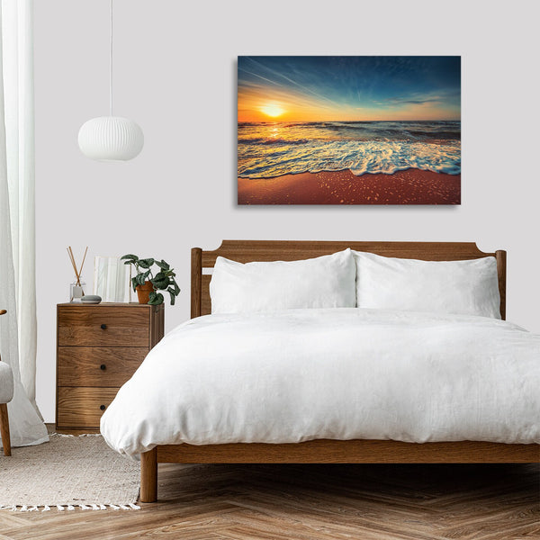 Quadro Stampa su Tela con Telaio in legno panorama tramonto spiaggia mare