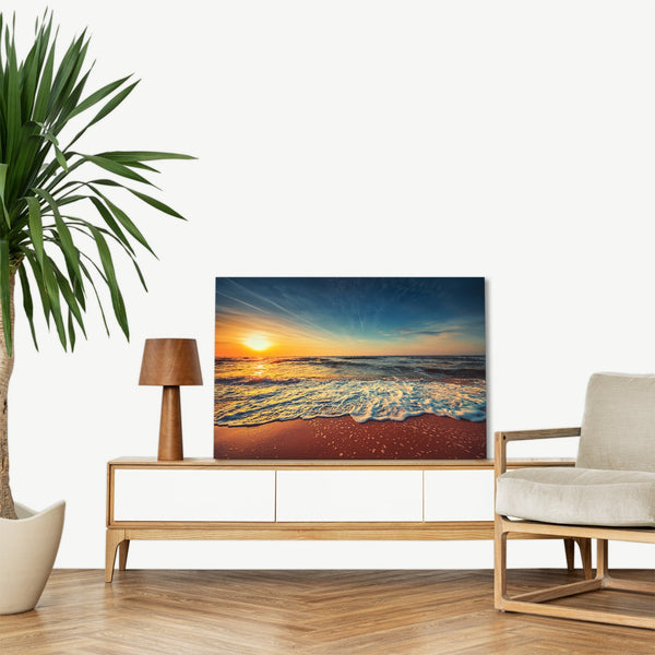Quadro Stampa su Tela con Telaio in legno panorama tramonto spiaggia mare