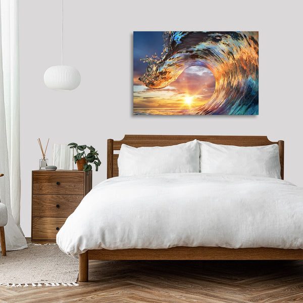 Quadro Stampa su Tela con Telaio in legno panorama mare tramonto