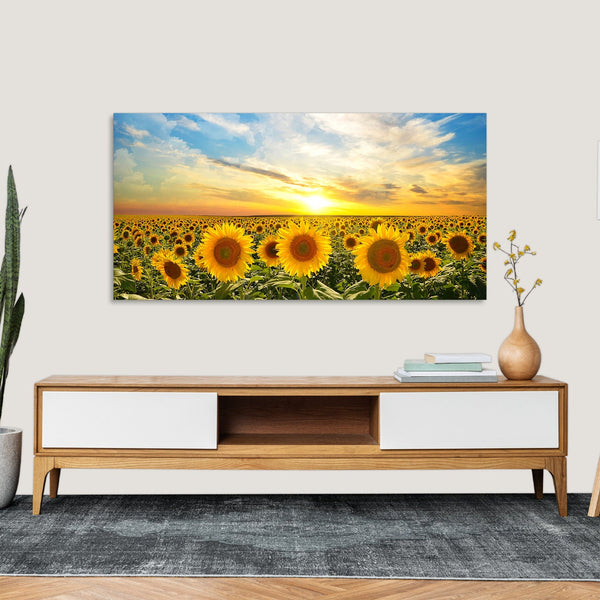 Quadro Stampa su Tela con Telaio in Legno paesaggio campo di girasoli