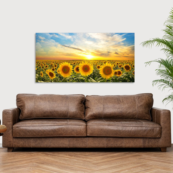 Quadro Stampa su Tela con Telaio in Legno paesaggio campo di girasoli