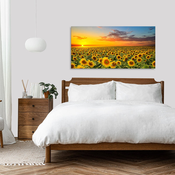 Quadro Stampa su Tela con Telaio in Legno paesaggio campo di girasoli