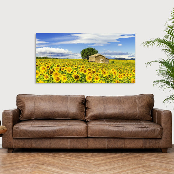Quadro Stampa su Tela con Telaio in Legno paesaggio campo di girasoli