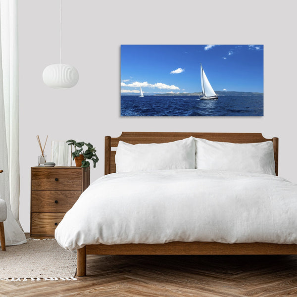 Quadro Stampa su Tela con Telaio in Legno paesaggio barche a vela