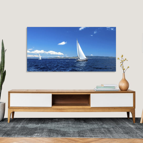 Quadro Stampa su Tela con Telaio in Legno paesaggio barche a vela