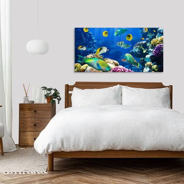 Quadro Stampa su Tela con Telaio in Legno paesaggio acquario pesci tropicali