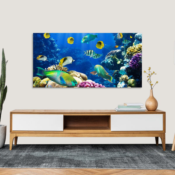 Quadro Stampa su Tela con Telaio in Legno paesaggio acquario pesci tropicali
