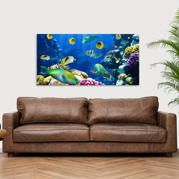 Quadro Stampa su Tela con Telaio in Legno paesaggio acquario pesci tropicali