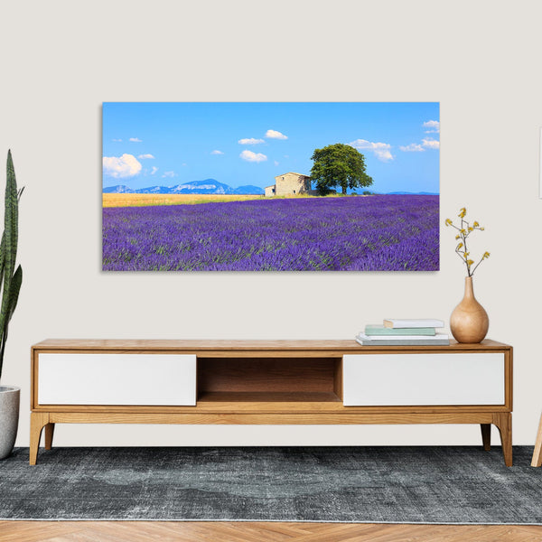 Quadro Stampa su Tela con Telaio in Legno paesaggio campo di lavanda provenza