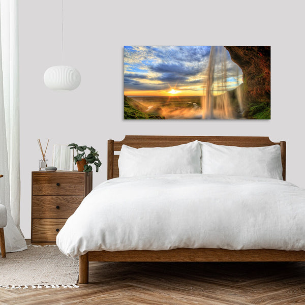 Quadro Stampa su Tela con Telaio in Legno paesaggio cascata tramonto