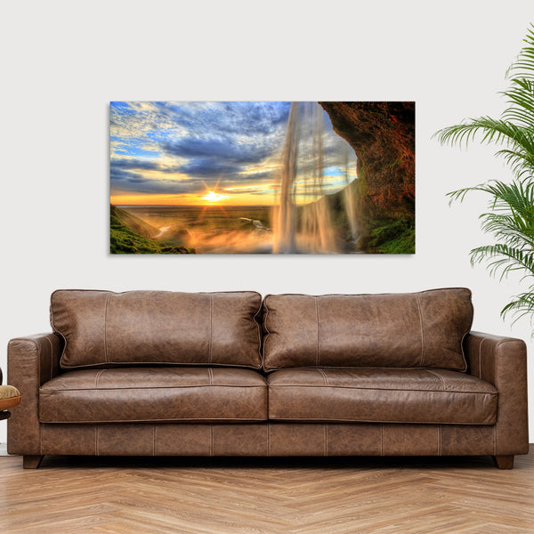 Quadro Stampa su Tela con Telaio in Legno paesaggio cascata tramonto