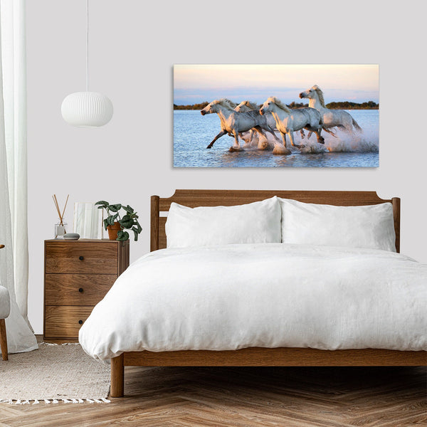 Quadro Stampa su Tela con Telaio in Legno paesaggio cavalli mare spiaggia