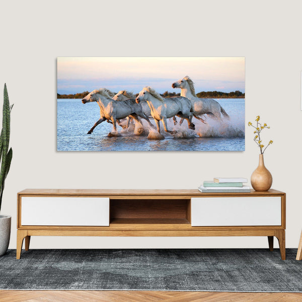 Quadro Stampa su Tela con Telaio in Legno paesaggio cavalli mare spiaggia