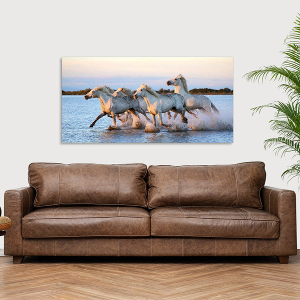 Quadro Stampa su Tela con Telaio in Legno paesaggio cavalli mare spiaggia